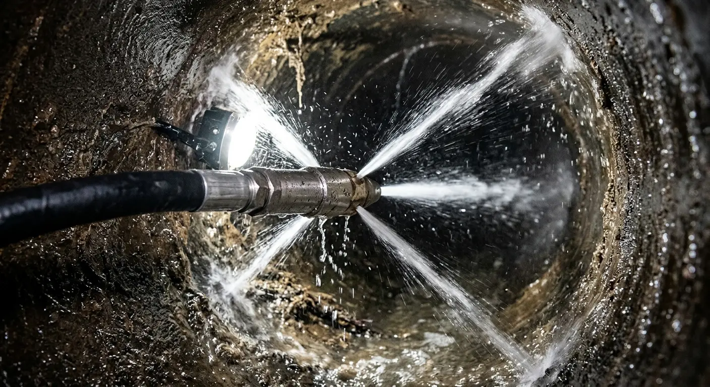 High-pressure hydro jetting nozzle cleaning sewer pipe for Trenchless Sewer Repair in Petersburg