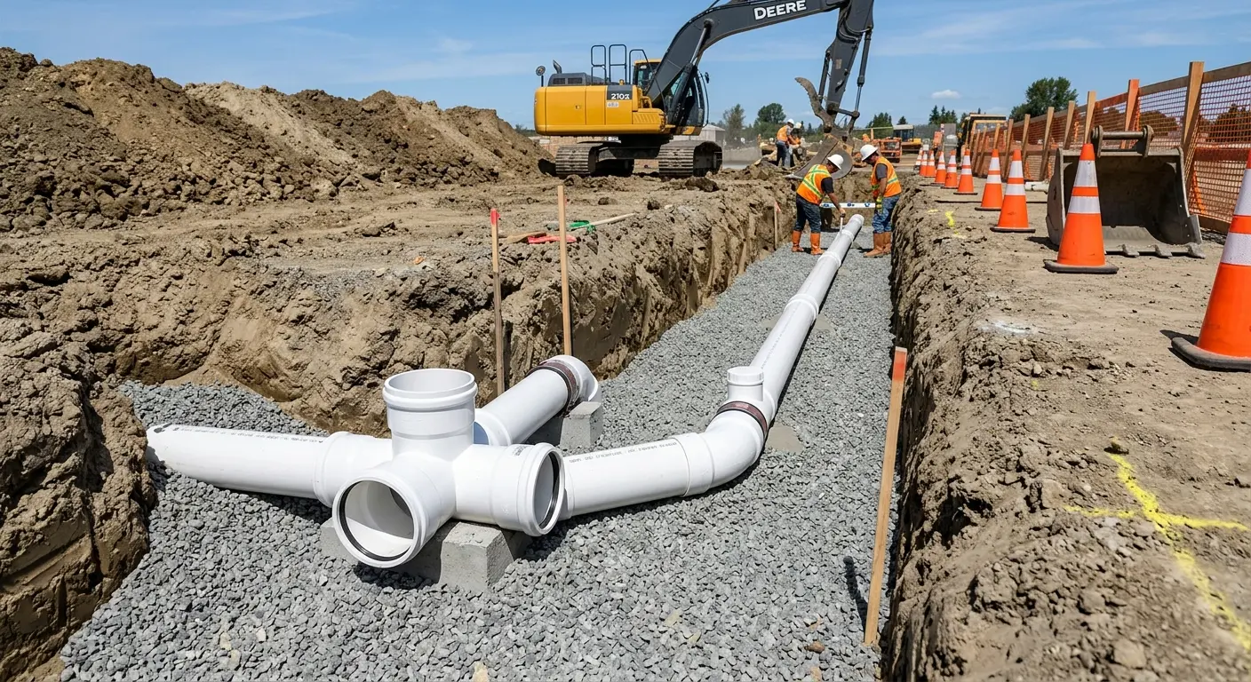 New PVC sewer pipe installation in open trench for Commercial Drain Cleaning in Petersburg