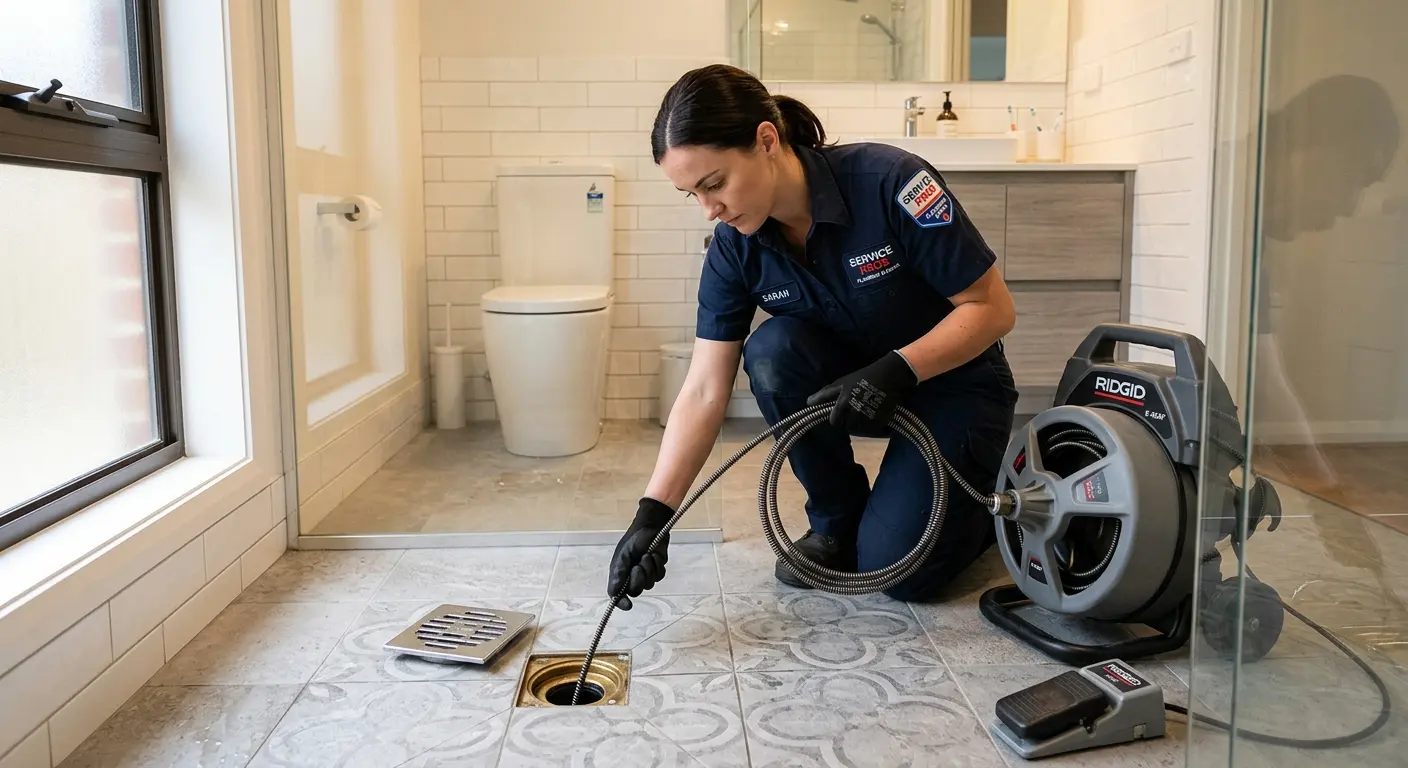 Technician clearing a bathroom floor drain for Sewer Line Replacement in Petersburg